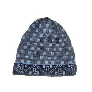 Blue Grey Geometric Checkerboard Knit Beanie Hat Nordic Fair Isle Skull Cap
